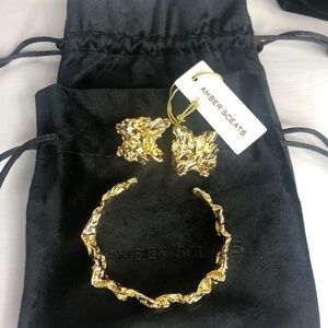 NEW Amber Sceats Emery cuff bracelet Reese earrings 24K Gold crushed sculptured